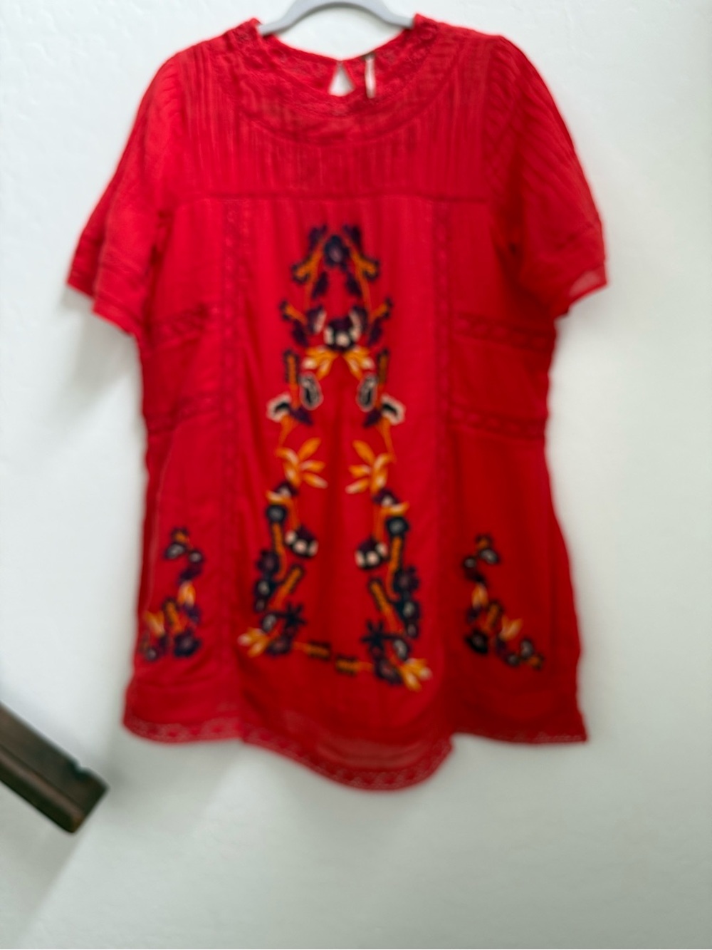 Free People Red Embroidered Tunic Top